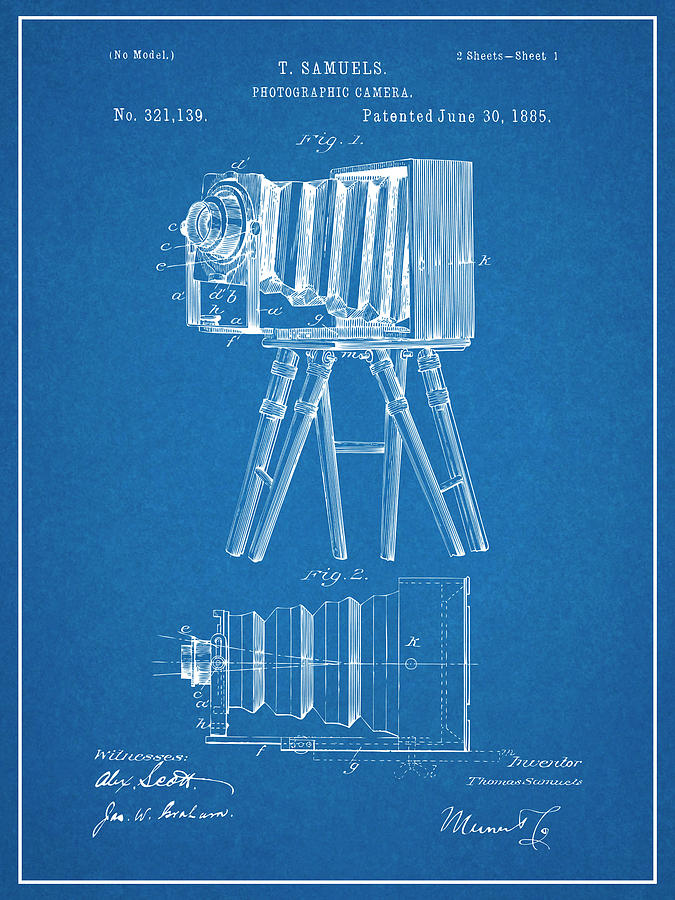 1885 Samuels Photographic Camera Patent Print Blueprint Drawing by Greg Edwards