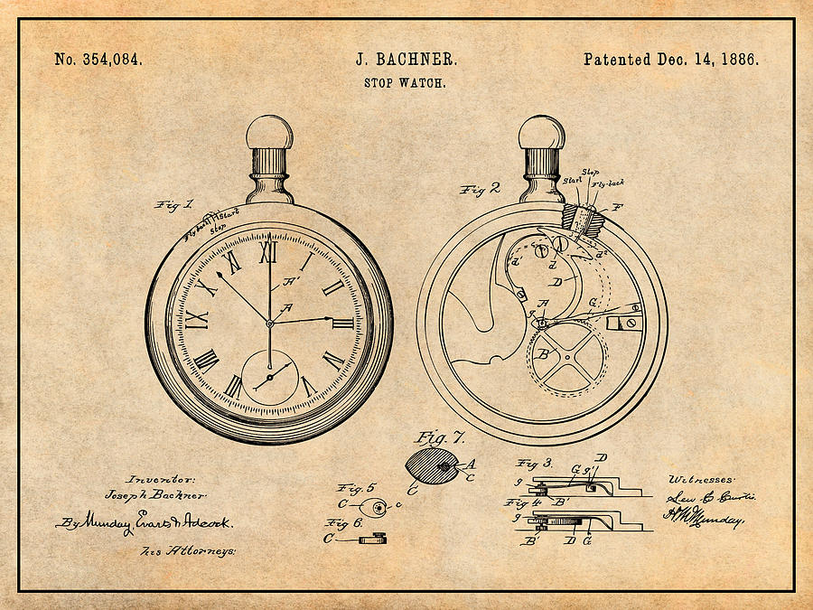 1886 Bachner Stop Watch Antique Paper Patent Print Drawing by Greg Edwards