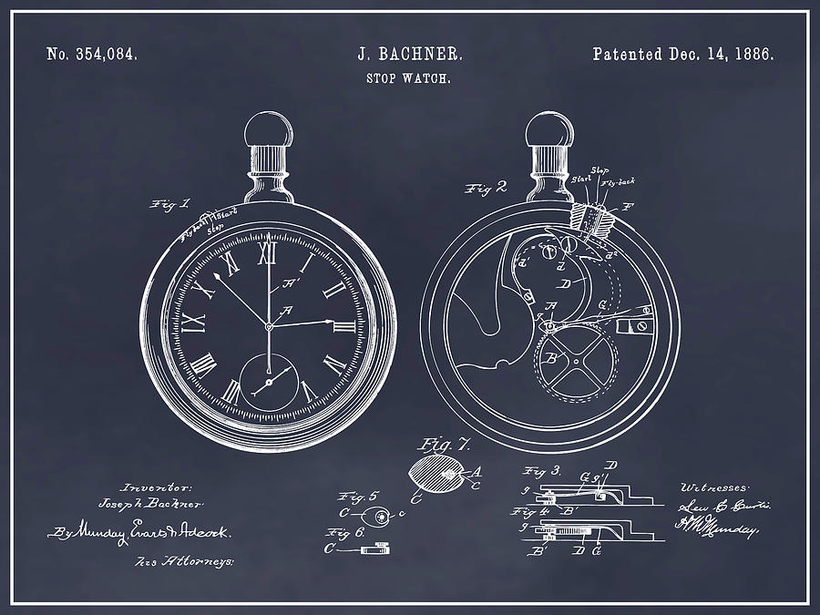 1886 Bachner Stop Watch Blackboard Patent Print Drawing by Greg Edwards