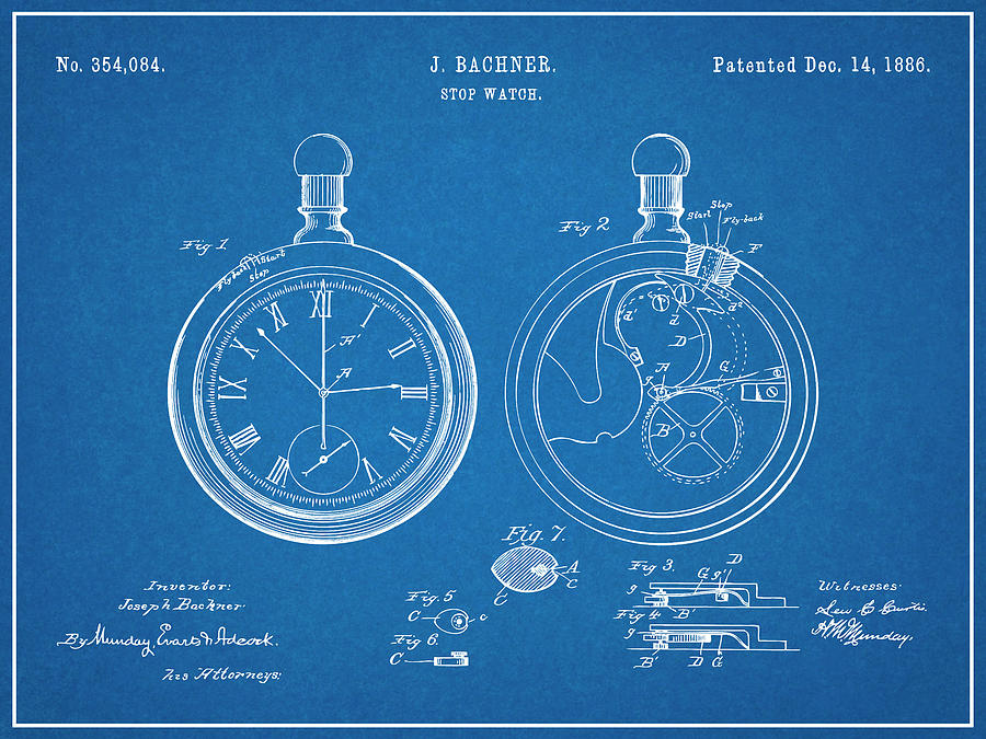 1886 Bachner Stop Watch Blueprint Patent Print Drawing by Greg Edwards