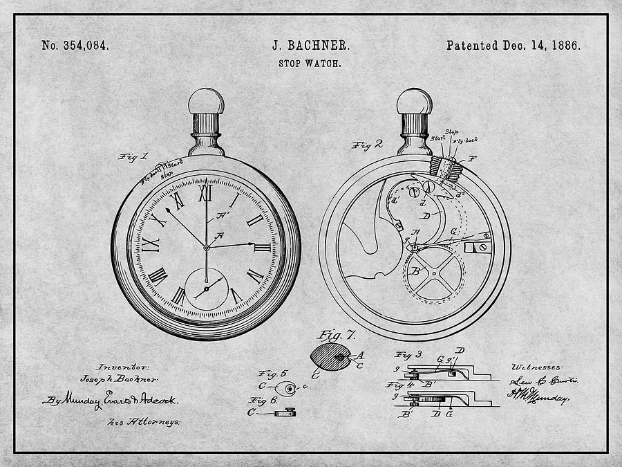 1886 Bachner Stop Watch Gray Patent Print Drawing by Greg Edwards