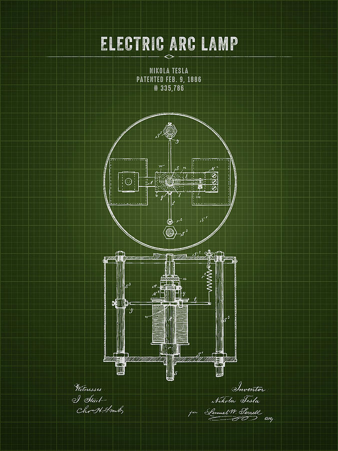 Nikola Tesla Digital Art - 1886 Nikola Tesla Arc Lamp - Dark Green Blueprint by Aged Pixel