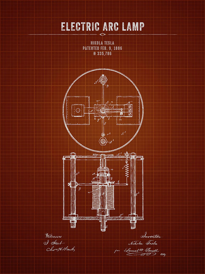 1886 Nikola Tesla Arc Lamp - Dark Red Blueprint Digital Art by Aged ...