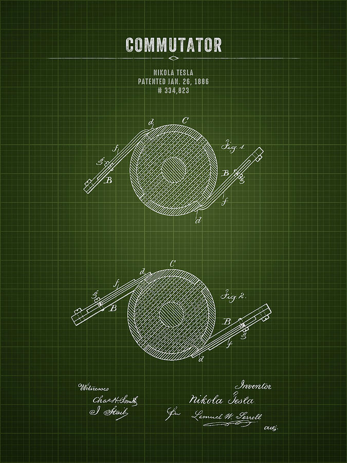 1886 Nikola Tesla Commutator - Dark Green Blueprint Digital Art