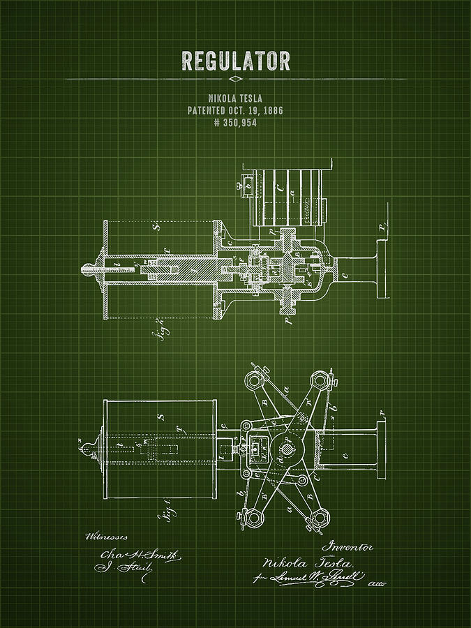 1886 Nikola Tesla Regulator - Dark Green Blueprint Digital Art by Aged ...