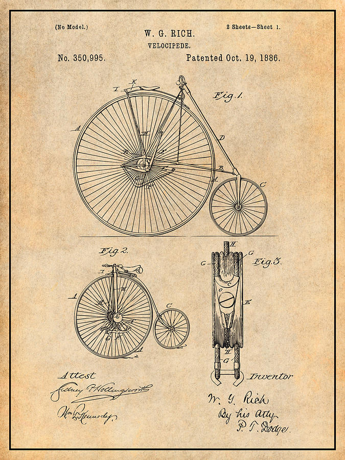 1886 W. G. Rich Velocipede Bicycle Antique Paper Patent Print Drawing by Greg Edwards
