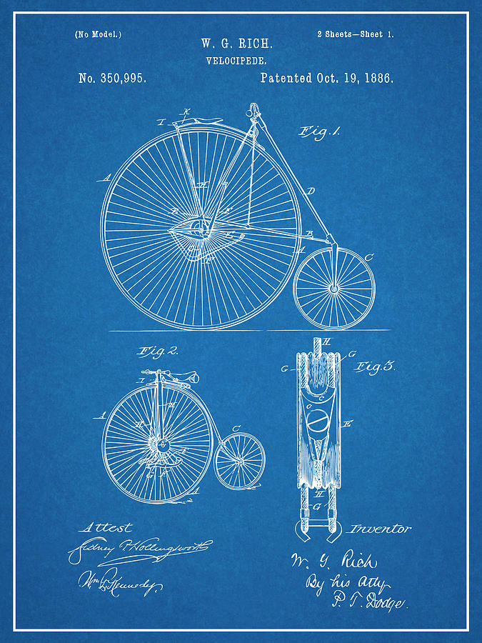 1886 W. G. Rich Velocipede Bicycle Blueprint Patent Print Drawing by Greg Edwards
