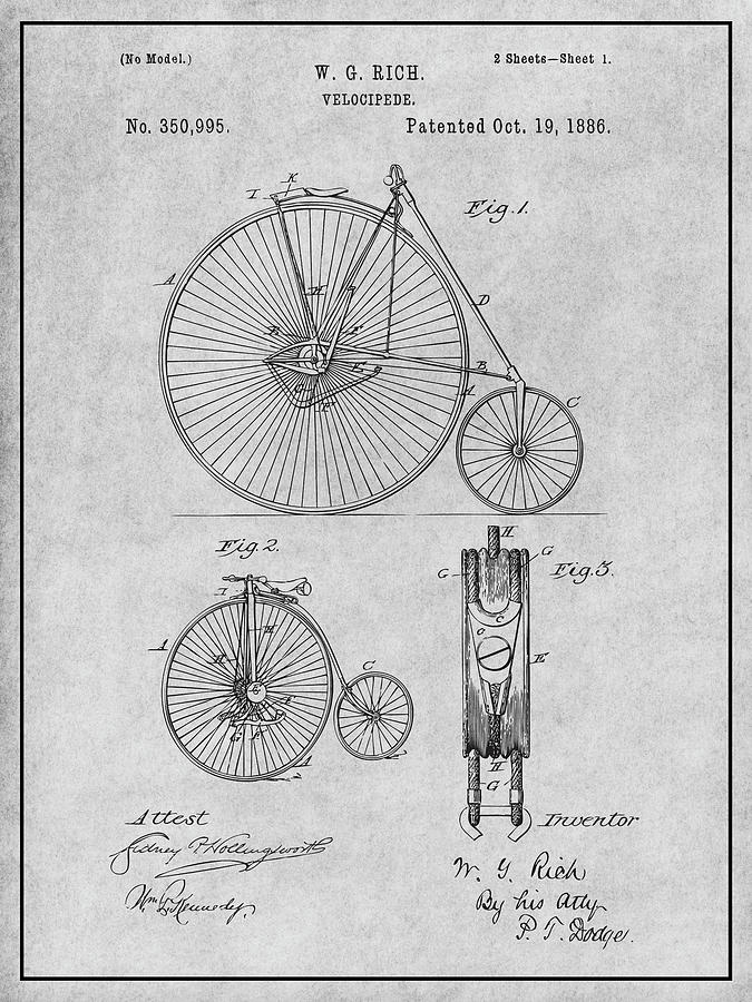 1886 W. G. Rich Velocipede Bicycle Gray Patent Print Drawing by Greg Edwards