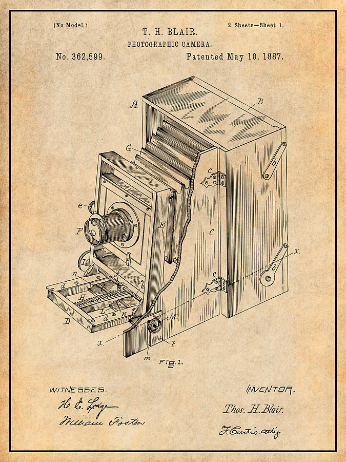 Art & Collectibles Drawing - 1887 Blair Photographic Camera Antique Paper Patent Print by Greg Edwards