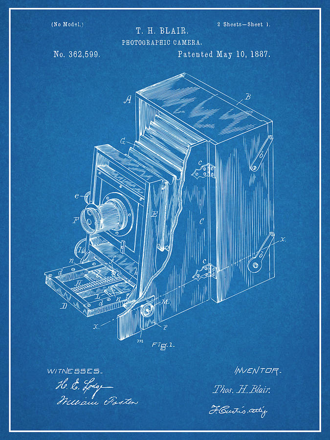 1887 Blair Photographic Camera Blueprint Patent Print Drawing by Greg Edwards