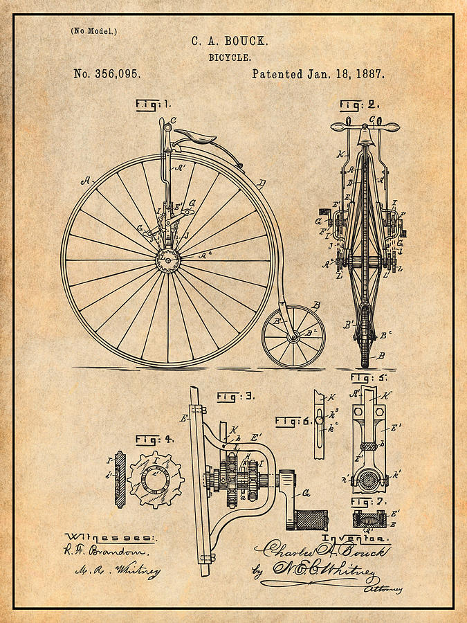 1887 Bouck Bicycle Antique Paper Patent Print Drawing by Greg Edwards