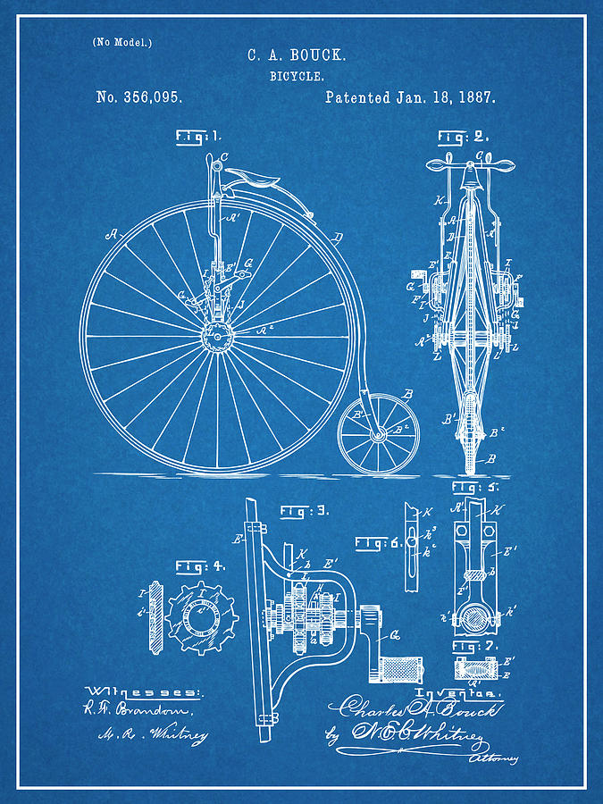 1887 Bouck Bicycle Blueprint Patent Print Drawing by Greg Edwards