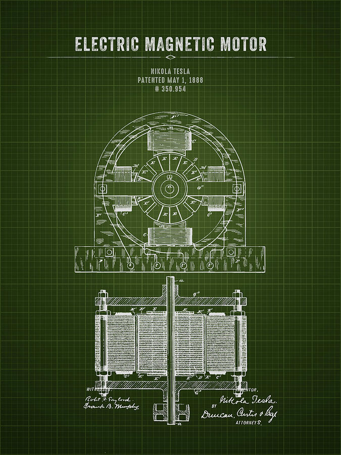 1888 Nikola Tesla Electric Magentic Motor Dark Green Blueprint Digital Art By Aged Pixel 8227