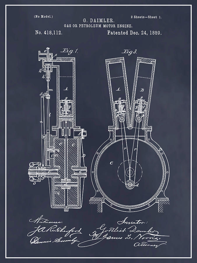 1889 Daimler V Twin Motorcycle Engine Patent Print Blackboard Drawing by Greg Edwards