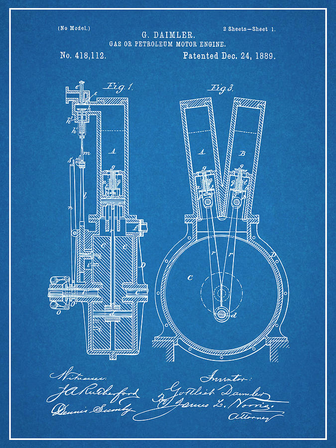 1889 Daimler V Twin Motorcycle Engine Patent Print Blueprint Drawing by Greg Edwards