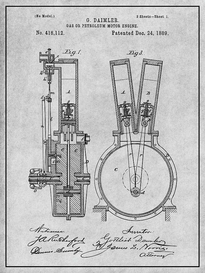 1889 Daimler V Twin Motorcycle Engine Patent Print Gray Drawing by Greg Edwards
