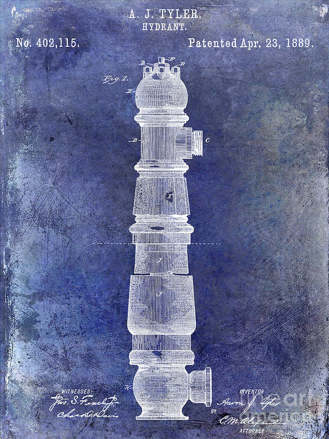 1889 Fire Hydrant Patent Blue Photograph by Jon Neidert