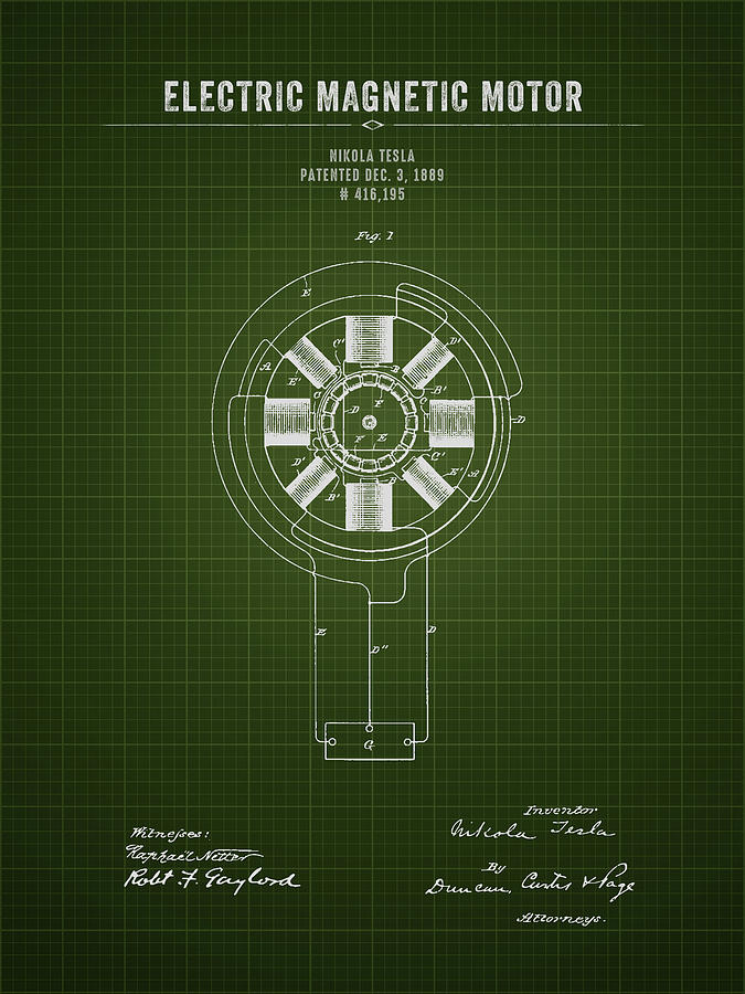 1889 nikola tesla electric magnetic motor dark green blueprint aged pixel