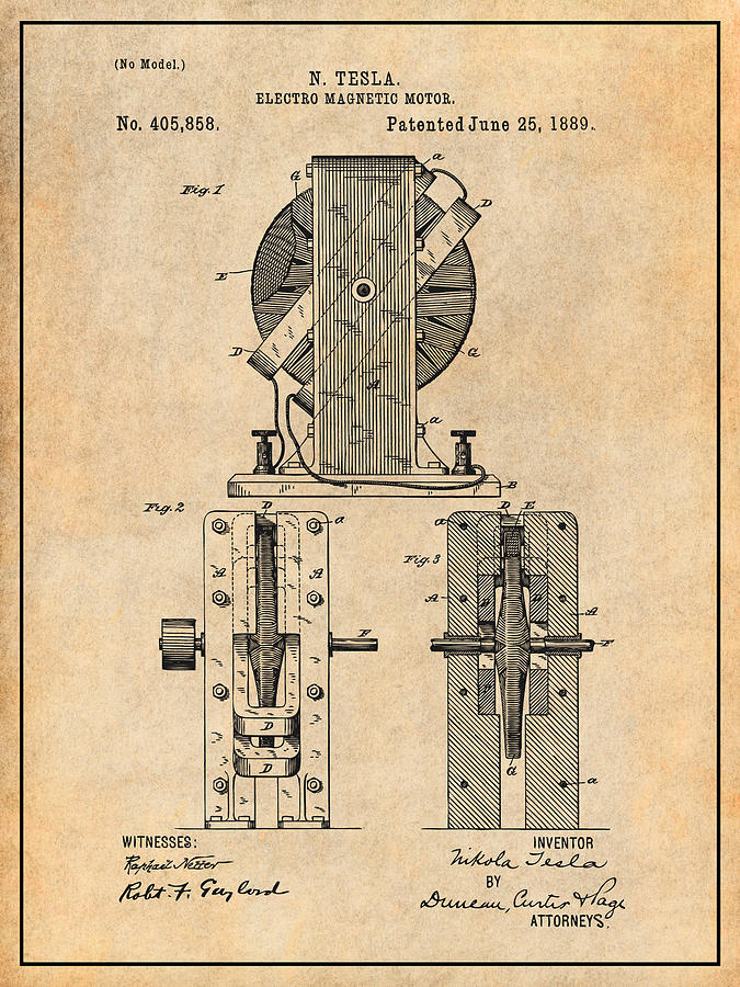 1889 Tesla Electro Magnetic Motor Patent Print Antique Paper Drawing by ...