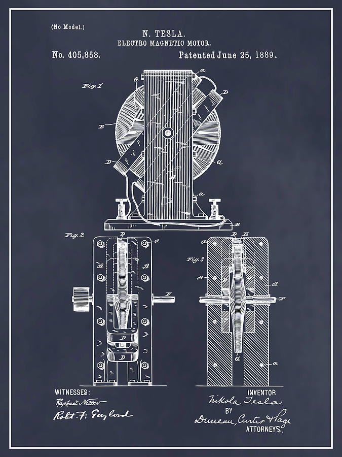 1889 Tesla Electro Magnetic Motor Patent Print Blackboard Drawing by ...