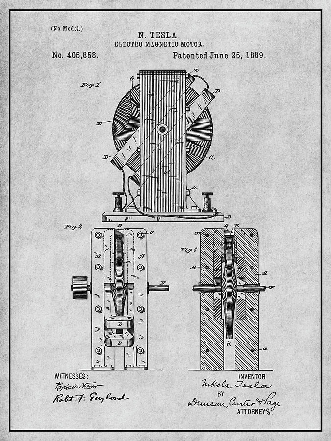 1889 Tesla Electro Magnetic Motor Patent Print Gray Drawing by Greg ...