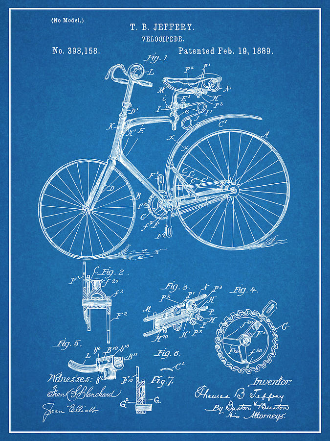 1889 Velocipede Blueprint Patent Print Drawing by Greg Edwards - Fine ...