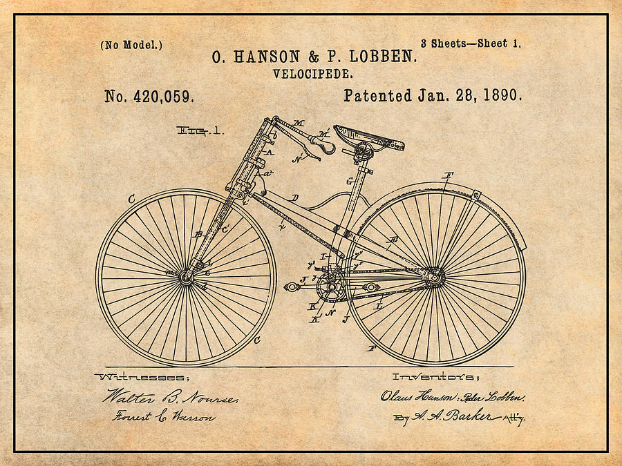 1890 Hanson and Lobben Velocipede Bicycle Antique Paper Patent Print Drawing by Greg Edwards