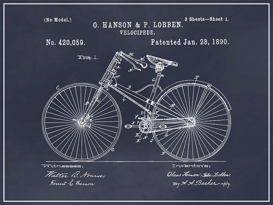 1890 Hanson and Lobben Velocipede Bicycle Blackboard Patent Print Drawing by Greg Edwards