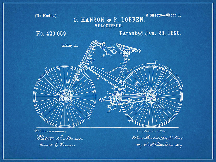 1890 Hanson and Lobben Velocipede Bicycle Blueprint Patent Print Drawing by Greg Edwards
