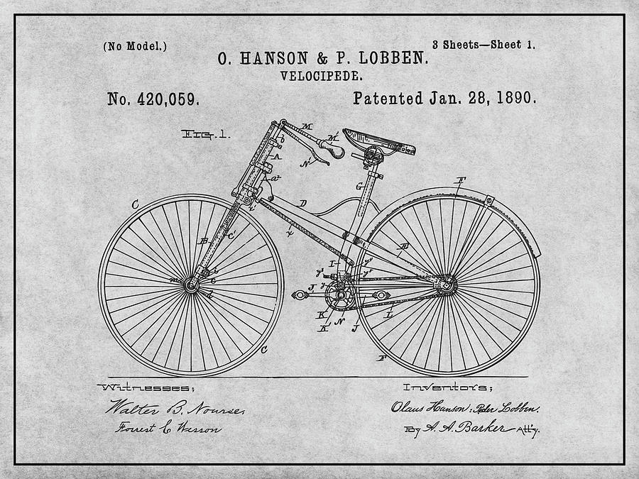 1890 Hanson and Lobben Velocipede Bicycle Gray Patent Print  Drawing by Greg Edwards