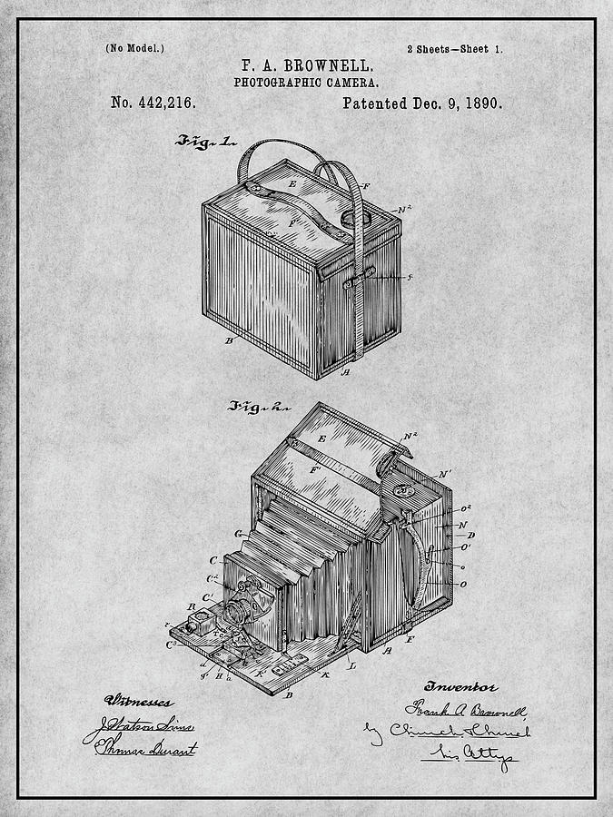 1890 Kodak Brownell Camera Gray Patent Print Drawing by Greg Edwards