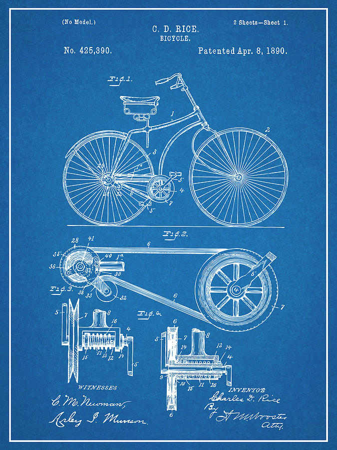 1890 Rice Antique Bicycles Blueprint Patent Print Drawing by Greg Edwards