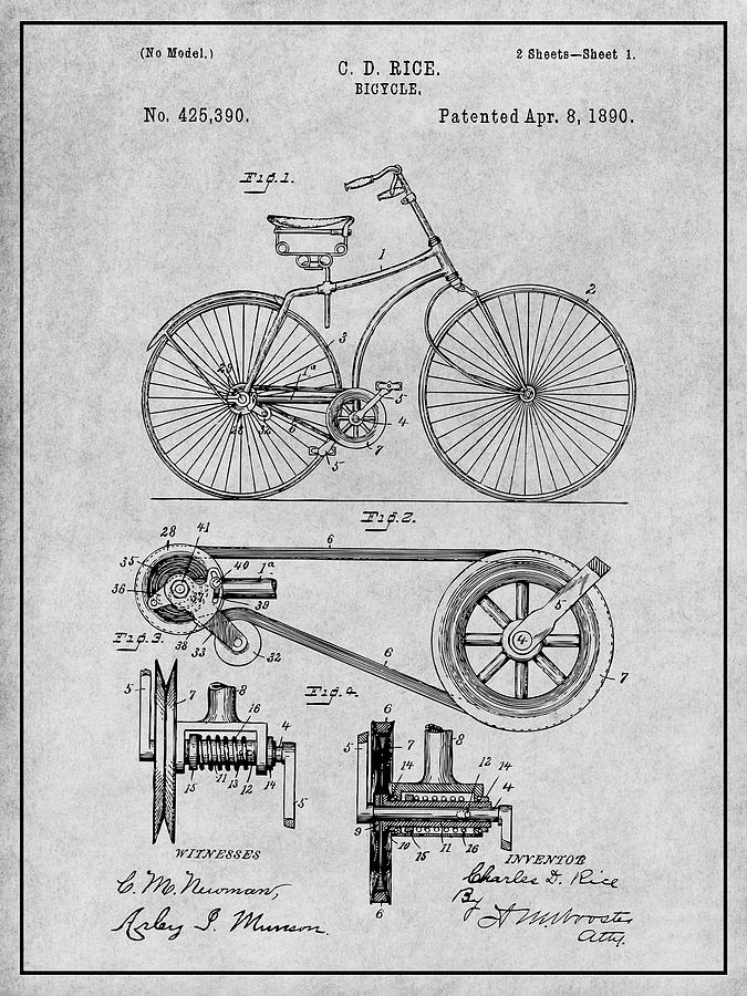 1890 Rice Antique Bicycles Gray Patent Print Drawing by Greg Edwards