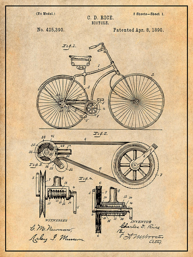 1890 Rice Antique Bicycles Antique Paper Patent Print Drawing by Greg Edwards