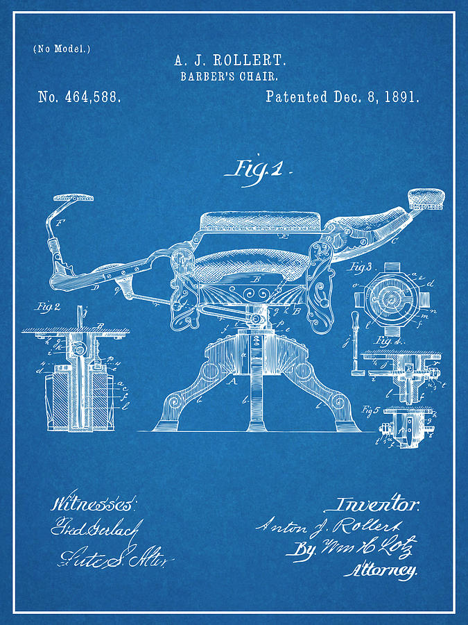 1891 Barber Chair Blueprint Patent Print Drawing by Greg Edwards