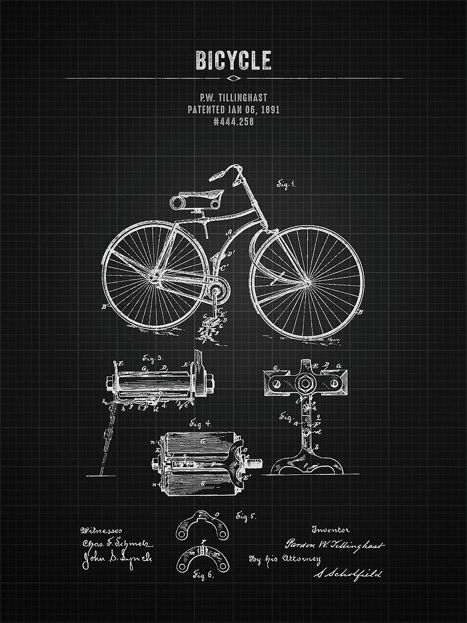 1891 Bicycle - Black Blueprint Digital Art