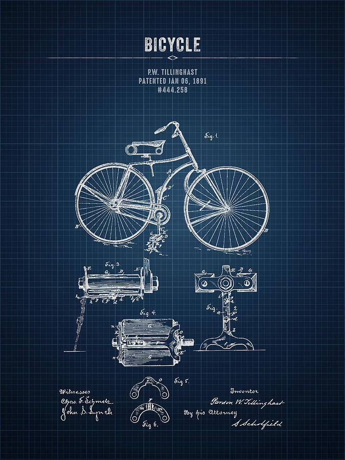 1891 Bicycle - Dark Blueprint Digital Art