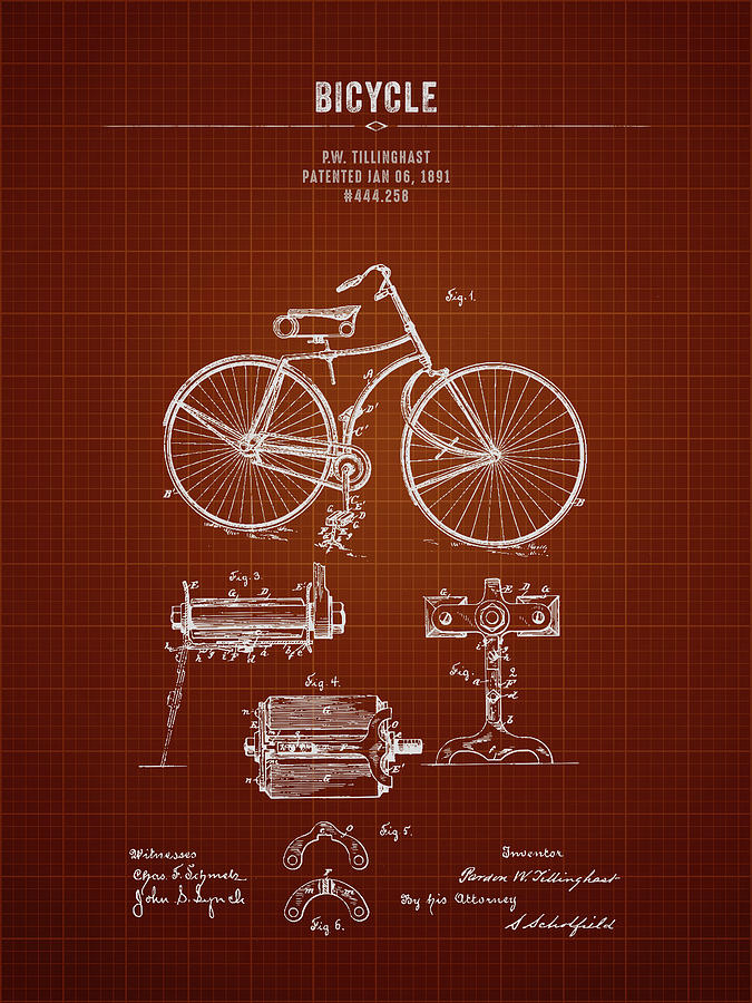 1891 Bicycle - Dark Red Blueprint Digital Art