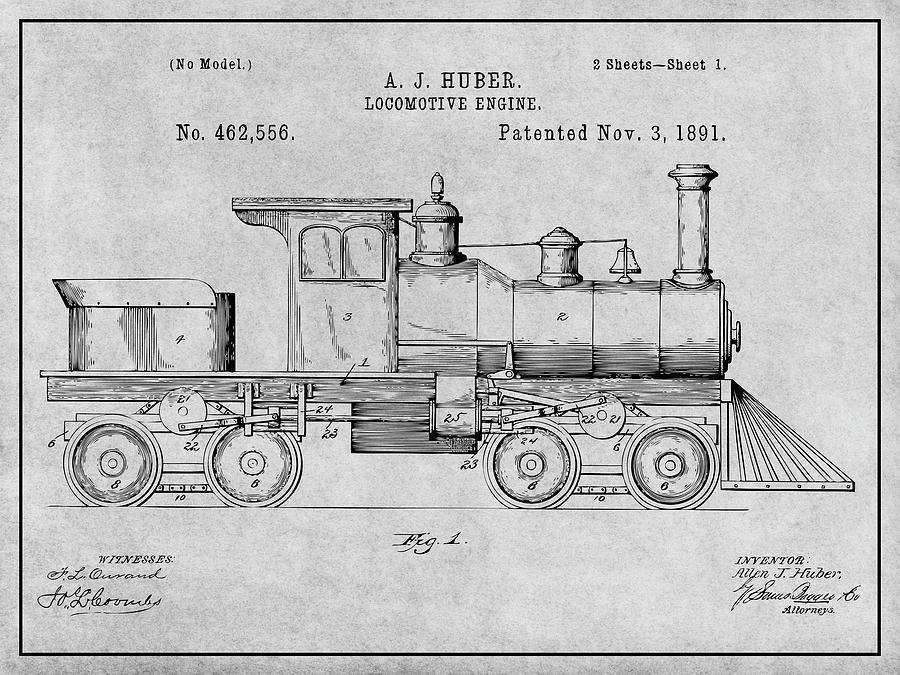 1891 Huber Locomotive Engine Gray Patent Print Drawing by Greg Edwards