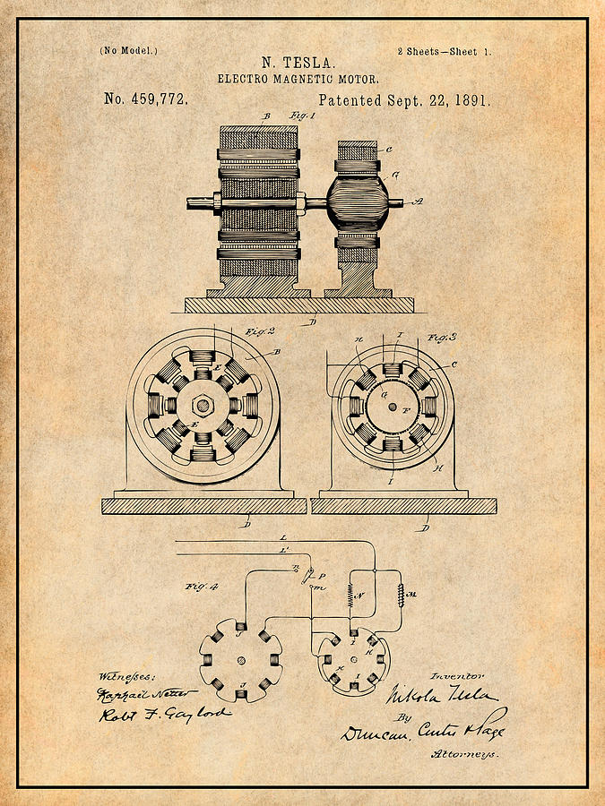 1891 Tesla Electro Magnetic Motor Patent Print Antique Paper Drawing by ...