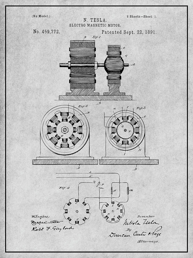 1891 Tesla Electro Magnetic Motor Patent Print Gray Drawing by Greg ...