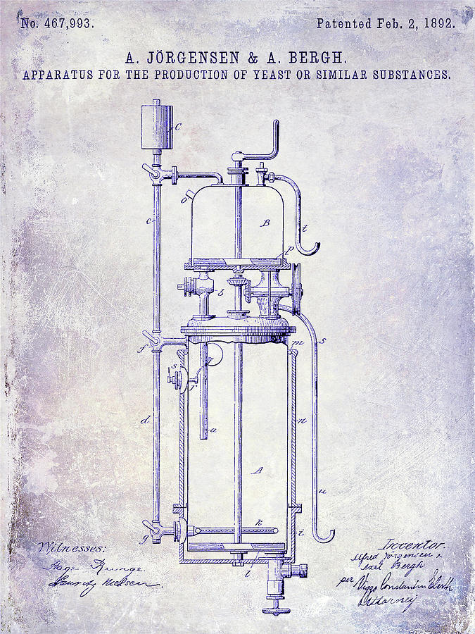 1892 Beer Yeast Production Patent   Blueprint Photograph by Jon Neidert