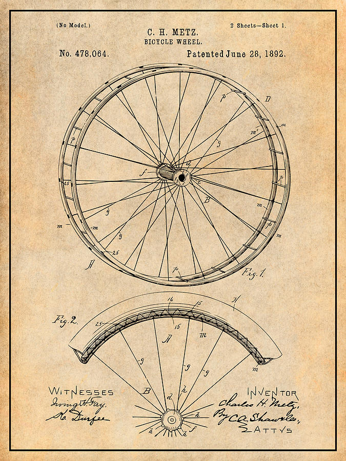 1892 Bicycle Wheel Antique Paper Patent Print Drawing by Greg Edwards