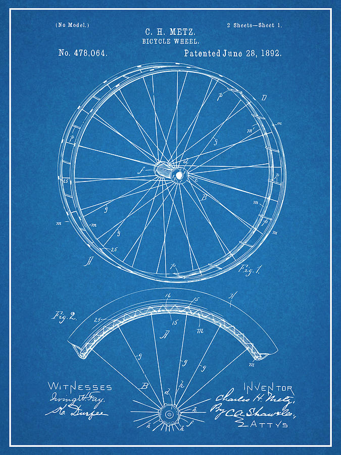 1892 Bicycle Wheel Blueprint Patent Print Drawing by Greg Edwards