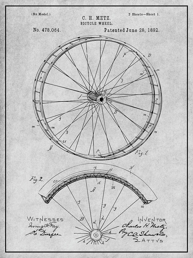 1892 Bicycle Wheel Gray Patent Print  Drawing by Greg Edwards