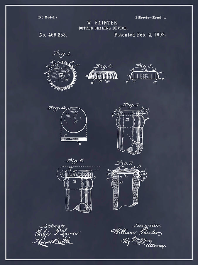 1892 Bottle Cap Sealing Device Blackboard Patent Print Drawing by Greg Edwards
