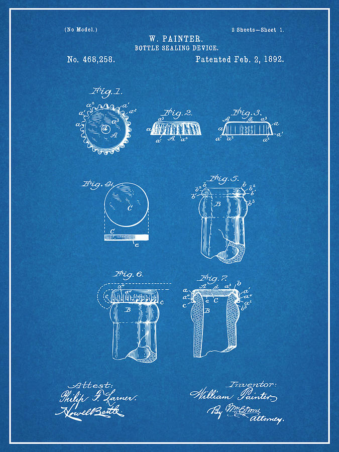 1892 Bottle Cap Sealing Device Blueprint Patent Print Drawing by Greg Edwards