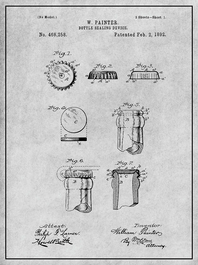 1892 Bottle Cap Sealing Device Gray Patent Print Drawing by Greg Edwards