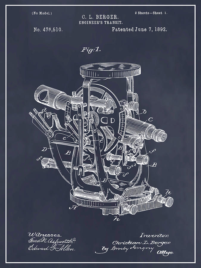 1892 Engineers Transit Blackboard Patent Print Drawing By Greg Edwards