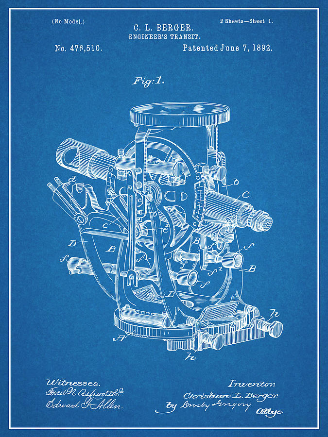 1892 Engineers Transit Blueprint Patent Print Drawing by Greg Edwards